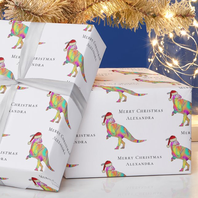 Papel De Regalo Dinosaur Merry Christmas Nombre Chica personalizad (Personalized girl name merry Christmas dinosaur parasaurolophus wrapping paper Watercolor dino Santa)