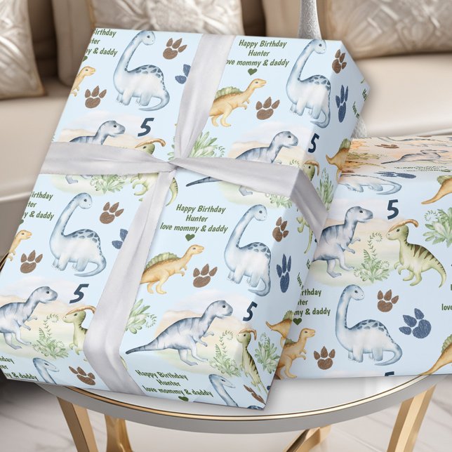 Papel De Regalo Dinosaur T rex Blue Boy Nombre de cumpleaños (Dinosaur T rex Blue Boy Birthday Name Wrapping Paper)