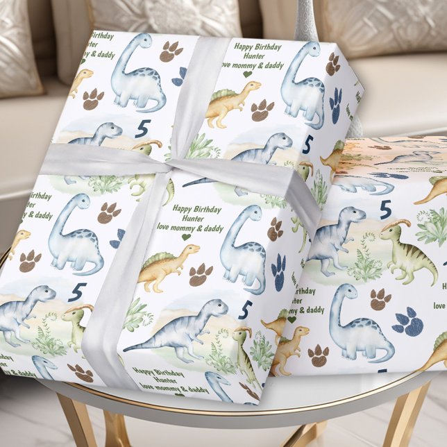 Papel De Regalo Dinosaur T rex Boy Nombre de cumpleaños Textos (Dinosaur T rex Boy Birthday Name Text Wrapping Paper)
