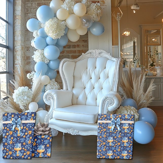 Papel De Regalo Dinosaurio Bebé Azul Flores Amarillas & Azules (Subido por el creador)