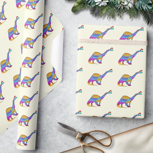 Papel De Regalo Dinosaurio Brontosaurio Lindo Navidad (Kids cute colorful dinosaur christmas wrapping paper Festive watercolor brontosaurus santa hat dino)