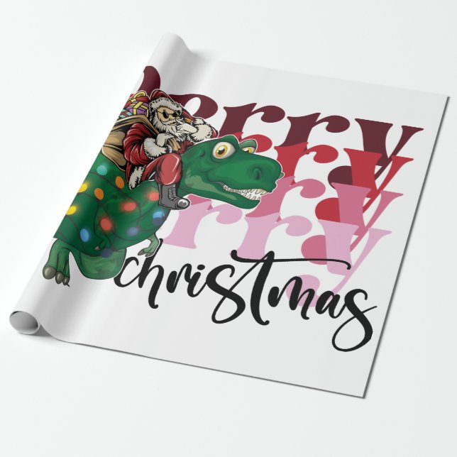 Papel De Regalo Dinosaurio con Navidades de Santa Claus (Desenrollado)