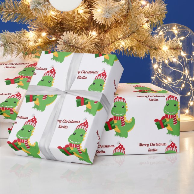 Papel De Regalo Dinosaurio con nombre navideño personalizado (Vacaciones)