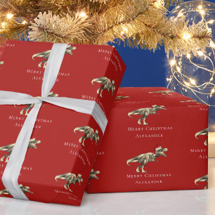 Papel De Regalo Dinosaurio Divertido de Navidad Personalizado Rojo
