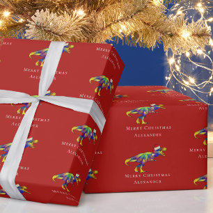 Papel De Regalo Dinosaurio Divertido Feliz Navidad Rojo Personaliz