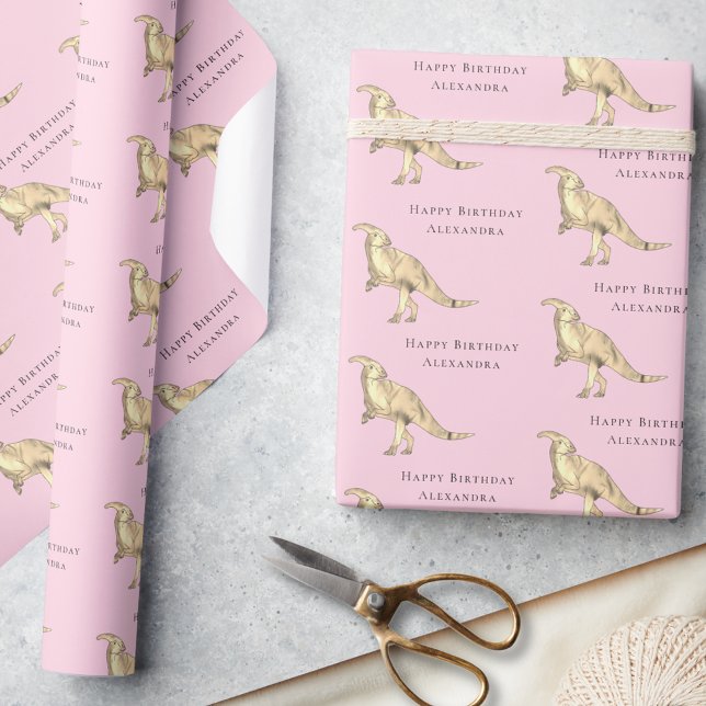 Papel De Regalo Dinosaurio Feliz cumpleaños nombre Chica personali (Happy birthday Dinosaur personalized girl name pink gift wrapping paper Cute Parasaurolophus dino)
