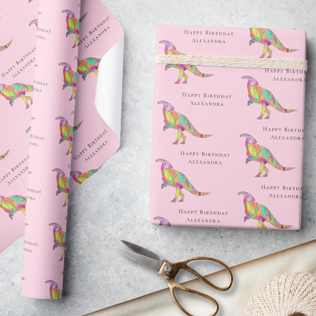 Papel De Regalo Dinosaurio Feliz cumpleaños nombre Chica personali (Cute dinosaur happy birthday personalized girl name pink wrapping paper Parasaurolophus Jurassic )
