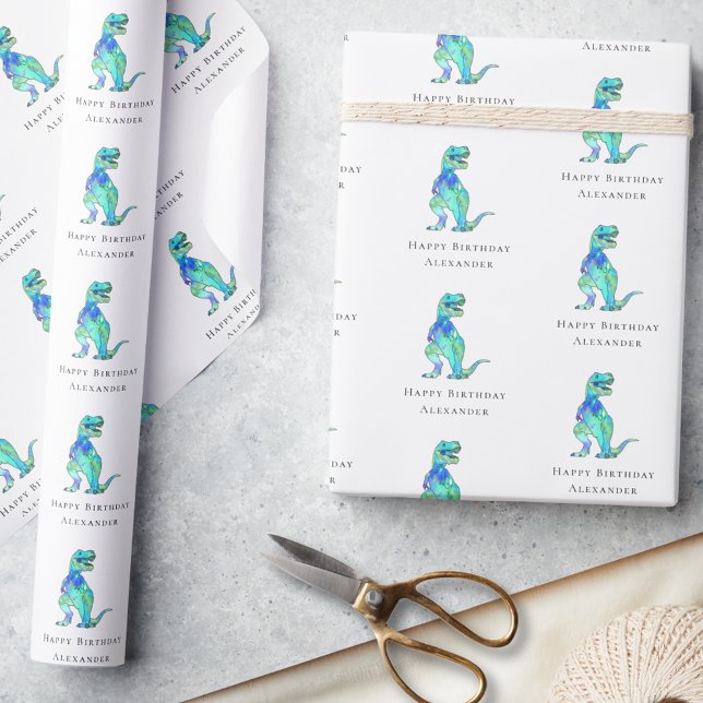 Papel De Regalo Dinosaurio Feliz cumpleaños nombre de niño persona (dinosaur happy birthday personalized boy name modern gift wrapping paper colorful watercolor T-Rex)