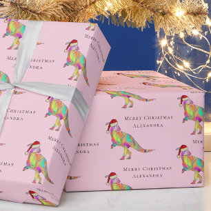 Papel De Regalo Dinosaurio Feliz Navidad Nombre de Niña Personaliz