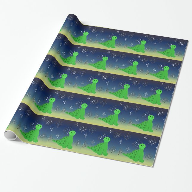 Papel De Regalo Dinosaurio lindo con copos de nieve (Desenrollado)