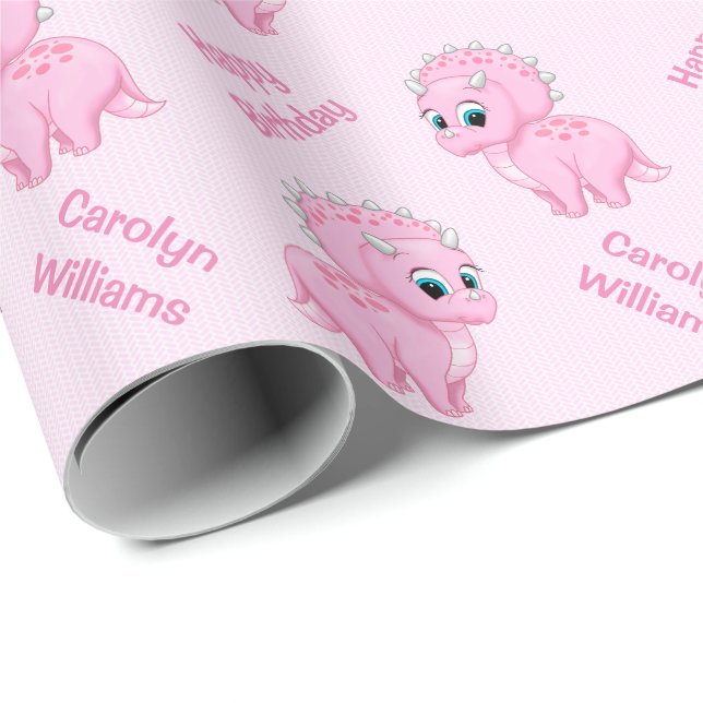 Papel De Regalo Dinosaurio lindo del Triceratops de los rosas (Esquina del rollo)