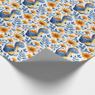 Papel De Regalo Dinosaurio naranja azul lindo margaritas amarillas