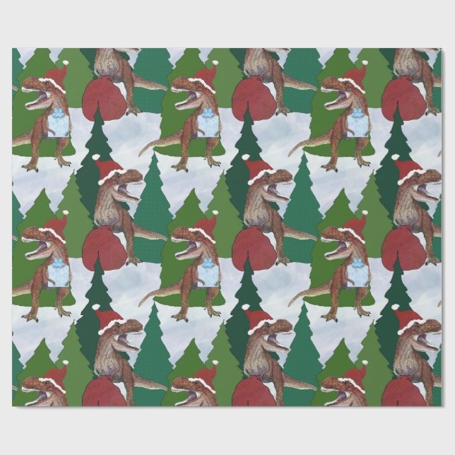 Papel De Regalo Dinosaurio Navidad T-Rex Santa (Superficie plana)