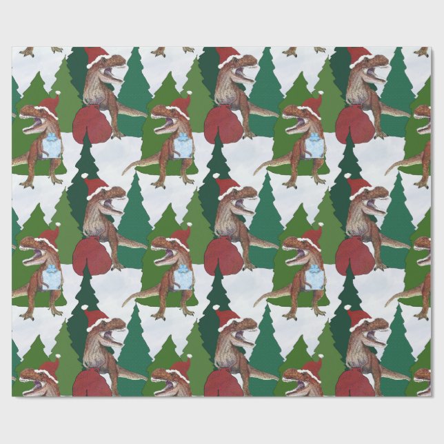 Papel De Regalo Dinosaurio Navidad T-Rex Santa (Superficie plana)