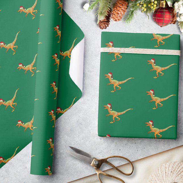 Papel De Regalo Dinosaurio Navideño Raptor (Christmas dinosaur velociraptor Santa pattern green wrapping paper Cute raptor dino pattern)