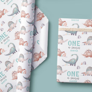 Papel De Regalo Dinosaurio One-A-Saurus Primer cumpleaños