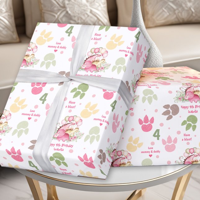 Papel De Regalo Dinosaurio Pastel Rosa Cute Chica Nacimiento Texto (Dinosaur Pink Pastel Cute Girl Birthday Name Text Wrapping Paper)