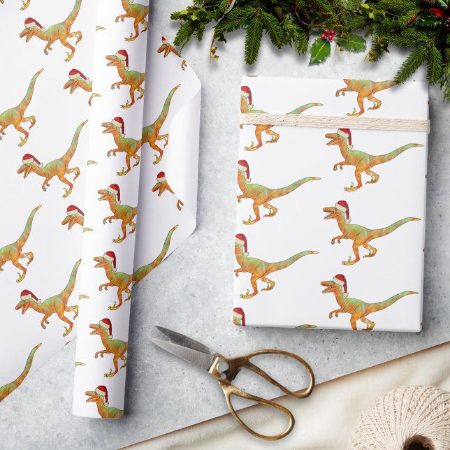Papel De Regalo Dinosaurio Raptor de Navidad (Christmas dinosaur velociraptor wearing a santa hat pattern holiday wrapping paper festive raptor )
