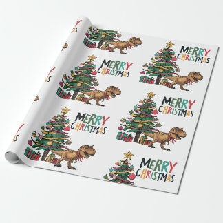 Papel De Regalo Dinosaurio T-rex divertido y árbol de Navidad