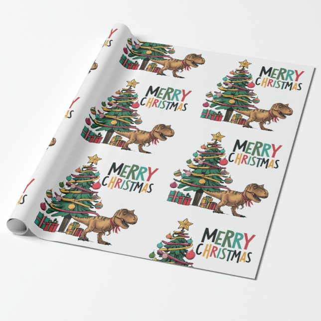 Papel De Regalo Dinosaurio T-rex divertido y árbol de Navidad (Desenrollado)