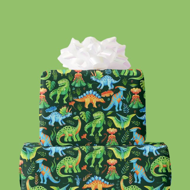 Papel De Regalo Dinosaurios acuarelas Cumpleaños de los chicos en  (Watercolor Dinosaurs Boys Birthday on Dark Green Wrapping Paper)