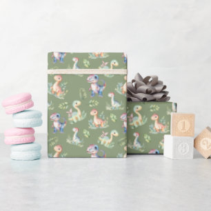 Papel De Regalo Dinosaurios acuarelas en verde oliva