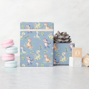 Papel De Regalo Dinosaurios acuarelas sobre azul gris