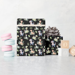 Papel De Regalo Dinosaurios acuarelas sobre negro