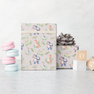 Papel De Regalo Dinosaurios acuarelas sobre rosa grisáceo