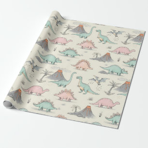Papel De Regalo Dinosaurios Adorables y Esbozados en Tierra Jurási