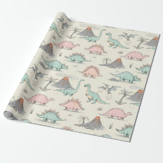 Papel De Regalo Dinosaurios Adorables y Esbozados en Tierra Jurási