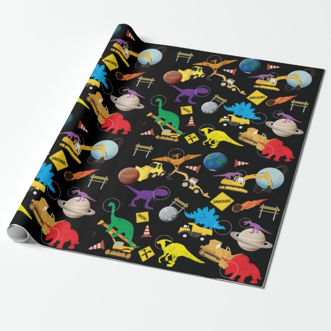 Papel De Regalo Dinosaurios astronautas de la construcción en el e (Desenrollado)