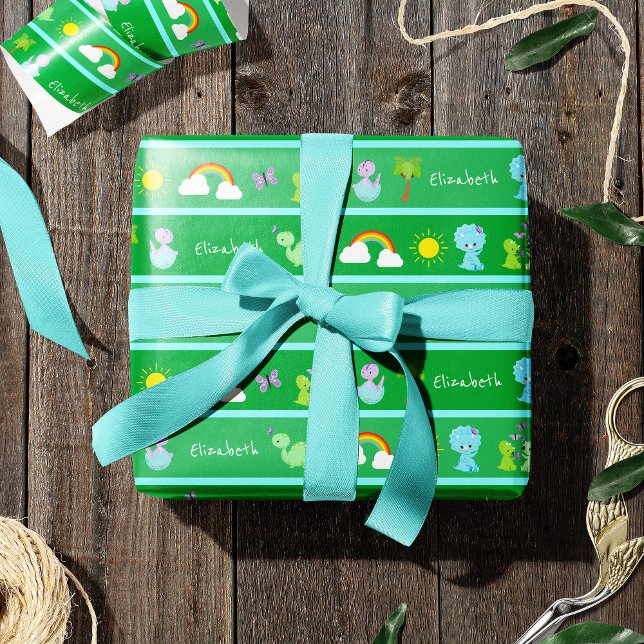 Papel De Regalo Dinosaurios bebés con mariposas, arcoiris y sol (Subido por el creador)