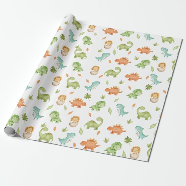 Papel De Regalo Dinosaurios bonitos T-Rex Naranja verde azul (Desenrollado)