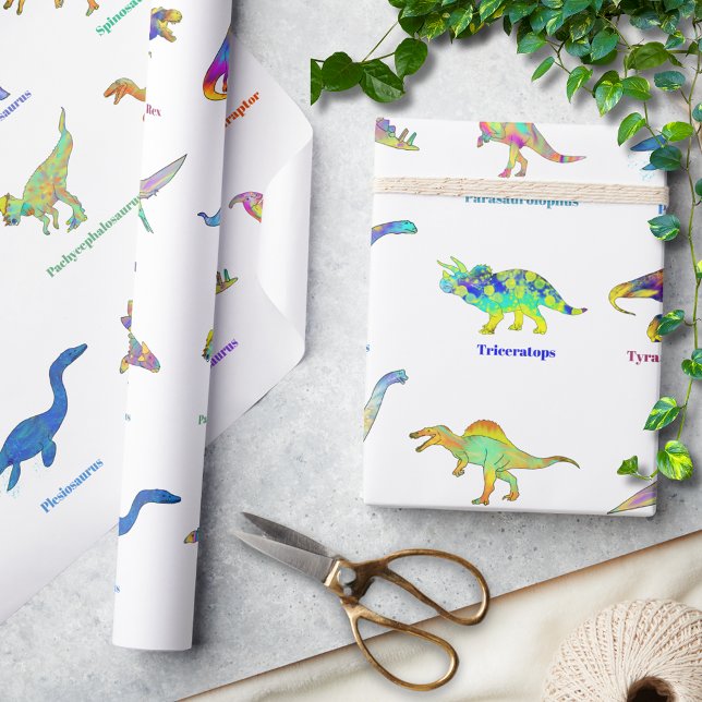 Papel De Regalo Dinosaurios coloridos con nombres (dinosaurs with names pattern wrapping paper colorful watercolor dino artwork T-Rex velociraptor )