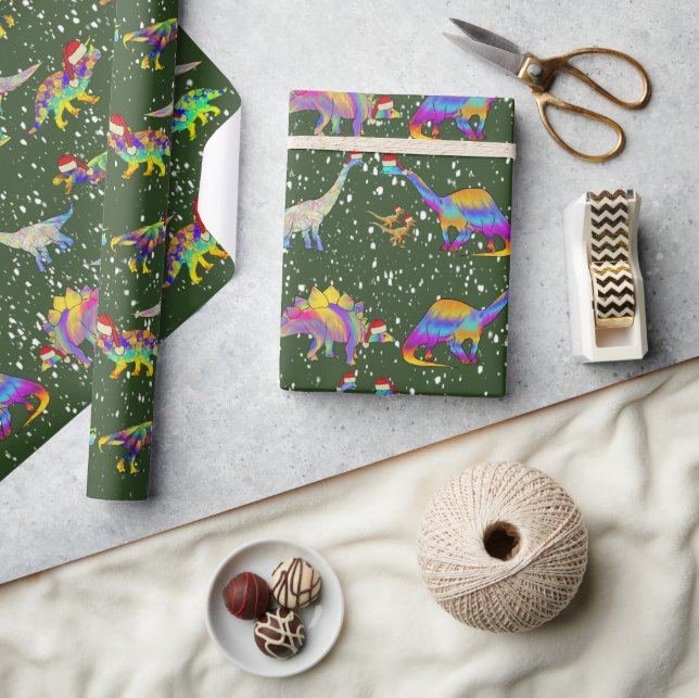 Papel De Regalo Dinosaurios con Gorros de Santa Navidad (Artesanía)