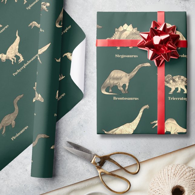 Papel De Regalo Dinosaurios Con Nombres Patrón Verde (Dinosaurs with names green wrapping paper for dino lovers)