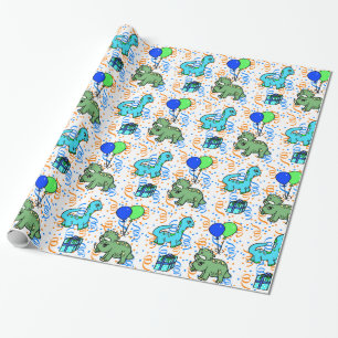 Papel De Regalo Dinosaurios de Confetti azul y verde Cumpleaños
