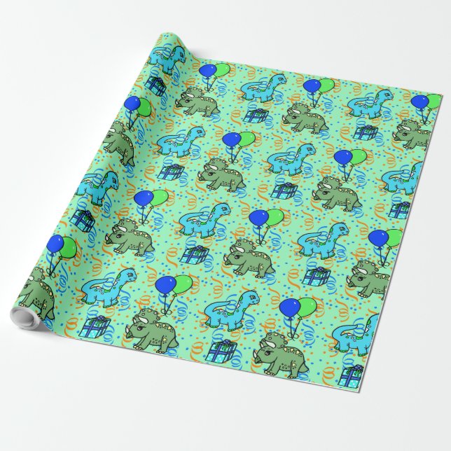 Papel De Regalo Dinosaurios de Confetti azul y verde Cumpleaños (Desenrollado)