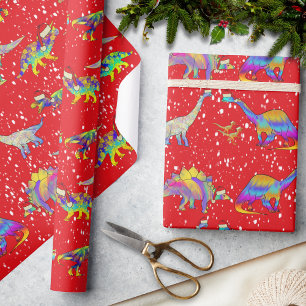 Papel De Regalo Dinosaurios de Navidad con gorros de Santa Claus