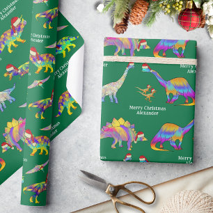 Papel De Regalo Dinosaurios de Navidad personalizados con nombre d