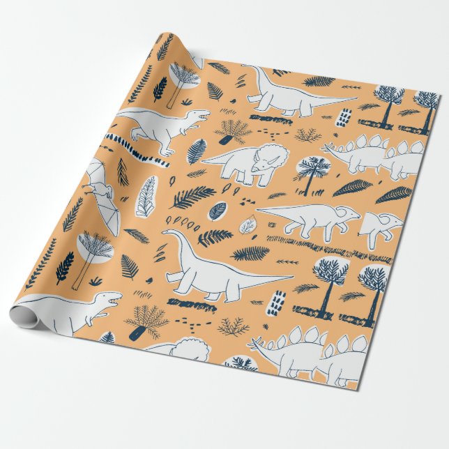 Papel De Regalo dinosaurios divertidos con patrón de hojas de palm (Desenrollado)