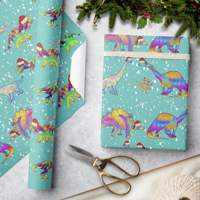 Papel De Regalo Dinosaurios navidades en Santa Hats (Christmas dinosaurs in Santa hats in the snow pattern fun holiday wrapping paper for dino lovers)