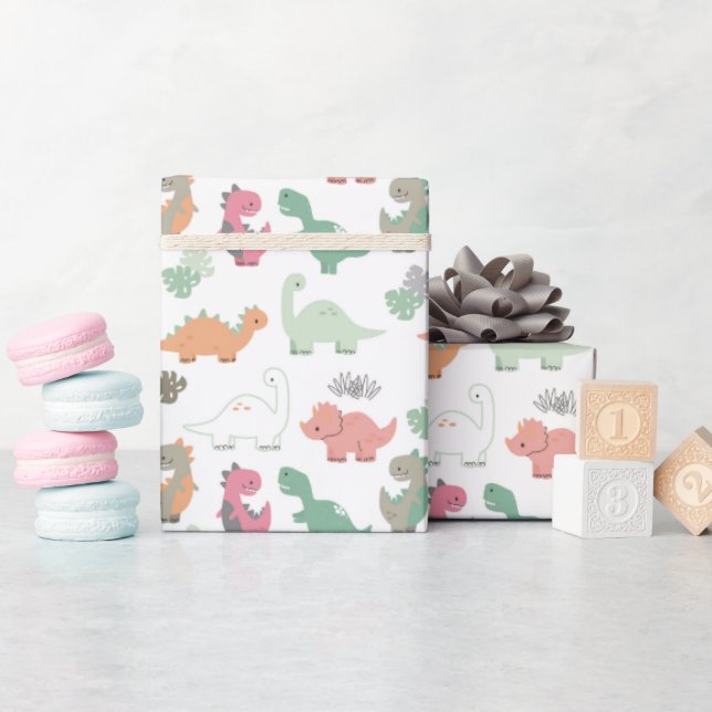 Papel De Regalo Dinosaurios Pastel sobre fondo blanco (Baby Shower)