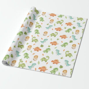 Papel De Regalo Dinosaurios T-Rex verde Naranja azul 