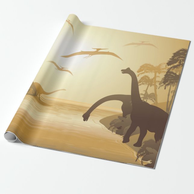 Papel De Regalo Dinosaurs on Tropical Jurassic Landscape  (Desenrollado)