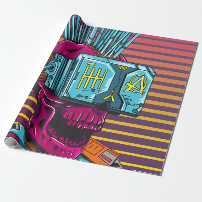 Papel De Regalo Disco Cyber Skull Virtual Reality Cyberpunk  (Desenrollado)