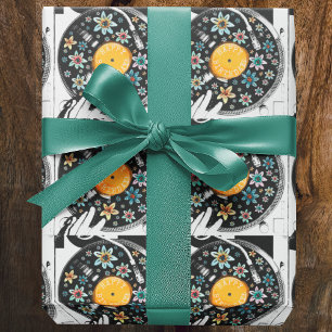 Papel De Regalo Disco de vinilo de cumpleaños floral acuarela retr
