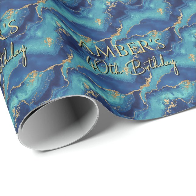 Papel De Regalo Diseño abstracto de mármol azul dorado elegante (Esquina del rollo)
