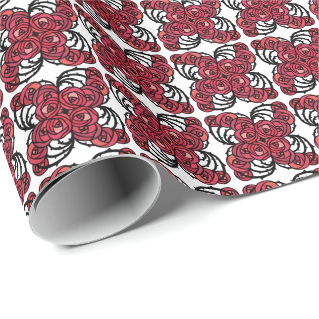 Papel De Regalo Diseño Art Nouveau Floral rojo y rosa negro (Esquina del rollo)